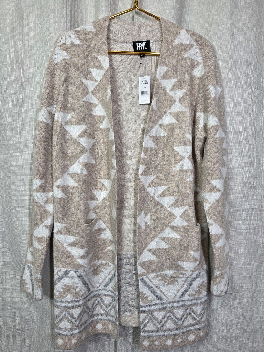 FRYE Beige and White Geometric Open-Front Cardigan